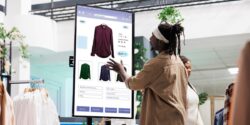 A customer in a fashion store uses a large interactive touchscreen that displays a shirt with size and colour selection as well as a purchase button