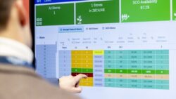 A person is pointing at a large monitor with colorful tables and KPI dashboards for retail performance analysis, including data on availability and store performance. 