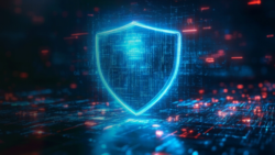 A digital, illuminated sign icon in the center of a data network; Copyright: Adobe Express, AI-generated