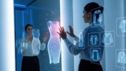 A woman stands in a futuristic room in front of an interactive mirror and looks at holographic garments and a glowing 3D dress, which are displayed as a digital selection.