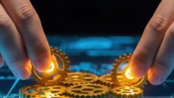 Two hands holding glowing gears on a blue-lit digital surface in a dark room; Copyright: Adobe Express