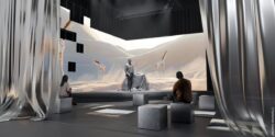Rendering of the RETAIL(UN)COVERED stage: Person on stage in front of a large-scale projection of a desert landscape with giraffes, several spectators on seating blocks in a darkened room