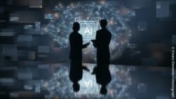 Two people in front of a digital AI visualization with connected data points and a glowing AI symbol.