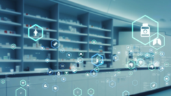 Digital symbols and data hover in front of the shelves of a modern pharmacy; Copyright: Adobe Express