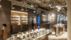 Modernly designed BIOGENA store with illuminated shelves and tables full of white product containers in a bright, minimalist interior. 