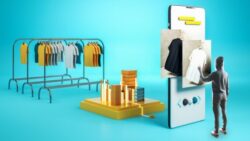 A smartphone displays a digital product selection featuring black and white T-shirts, while clothes racks on the left and a stylized data center in the foreground illustrate online retail