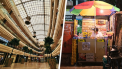 A collage of two images: on the left, a modern multi-story shopping center with a glass roof and shops; on the right, a small street stall under a colorful umbrella, with a vendor sitting there