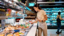 A customer selects fresh ready-to-eat meals at a food service counter in a supermarket.