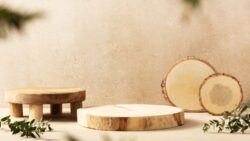 A minimalist product display featuring round wooden discs and a small wooden pedestal on a light-colored table against a beige wall, decorated with green branches.