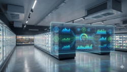 Modern supermarket freezer aisle with long refrigerated display cases; above it floats a transparent, futuristic energy dashboard with charts, icons (including refrigeration and lighting), and an eff