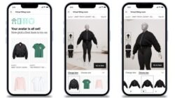 Three smartphone screenshots of a virtual fitting room app featuring a digital avatar trying on clothes such as jackets and T-shirts and selecting different sizes.