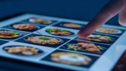 A finger selects a photo of a dish from a digital menu overview on a tablet; Copyright: Adobe Express, AI-generated