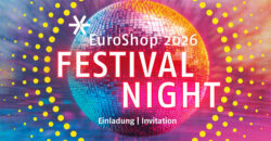 Announcement for the “EuroShop 2026 Festival Night” with the text “Einladung | Invitation” displayed in front of a colorful, glowing disco-style ball and yellow dots of light on a colored background.