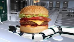 A robot hand on which a burger is placed; Copyright: Business Wire